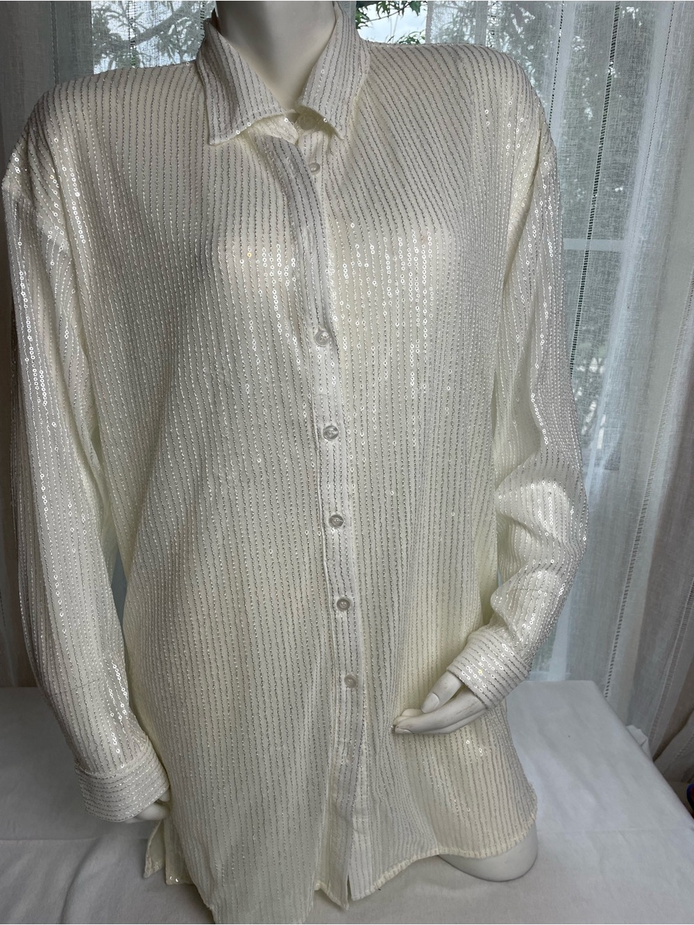 12th Tribe Cream Sequin-Stripe Mini Dress